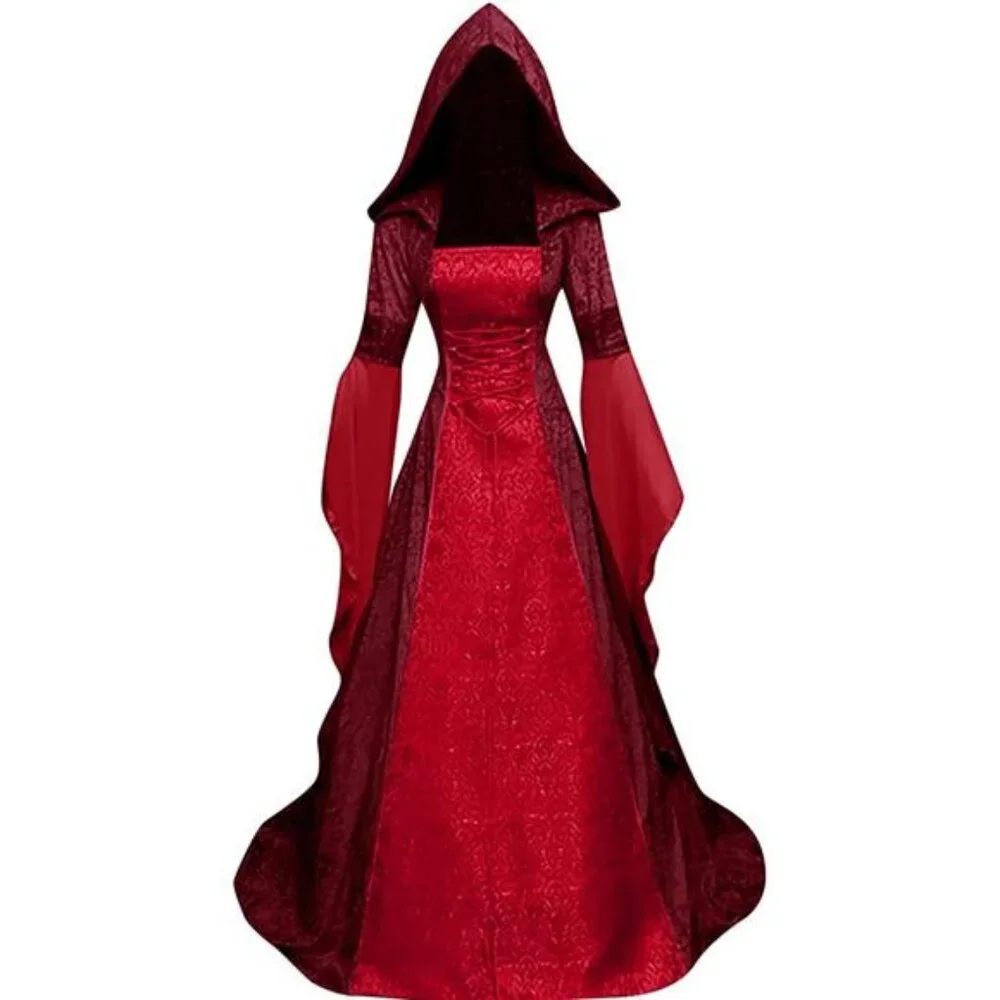 Women’s Vintage Witch Dress Costume Hooded Embroidered Renaissance Vampire Gown